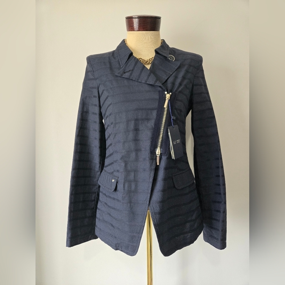 ARMANI JEANS New With Tags Cotton Navy Jacket With Asymmetrical Zip. Size 8